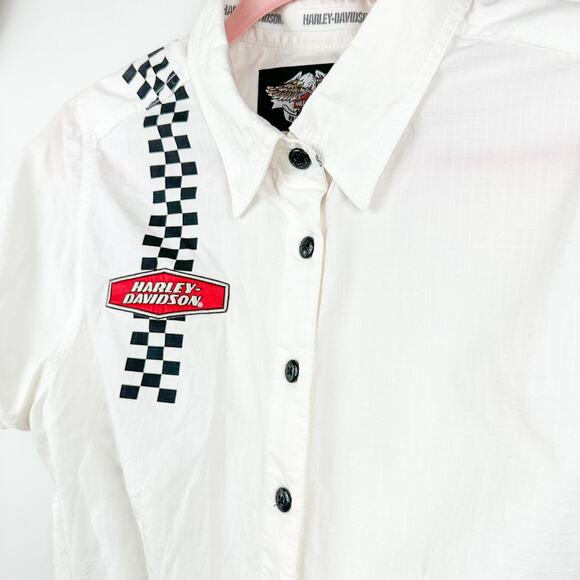 Harley Davidson Racing Stripes Crop Top Harley White Button Down with Tie Front - Picture 2 of 4